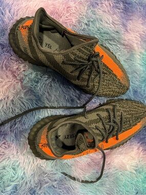 Yeezy Charcoal Knit Sneaker with Orange Stripe
